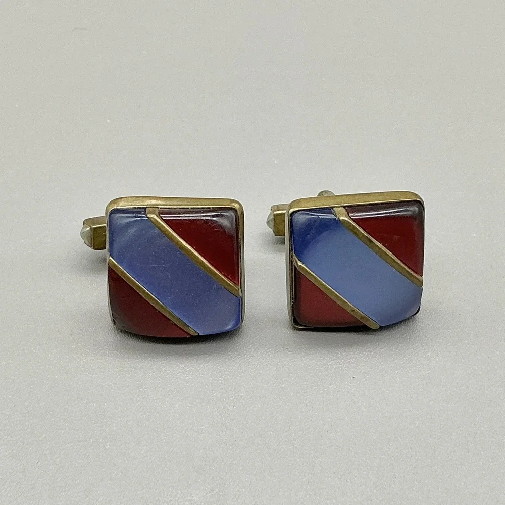 Vintage Cufflinks Mens Gold Tone Red Blue Lucite-Look Acrylic Geometric 7/8